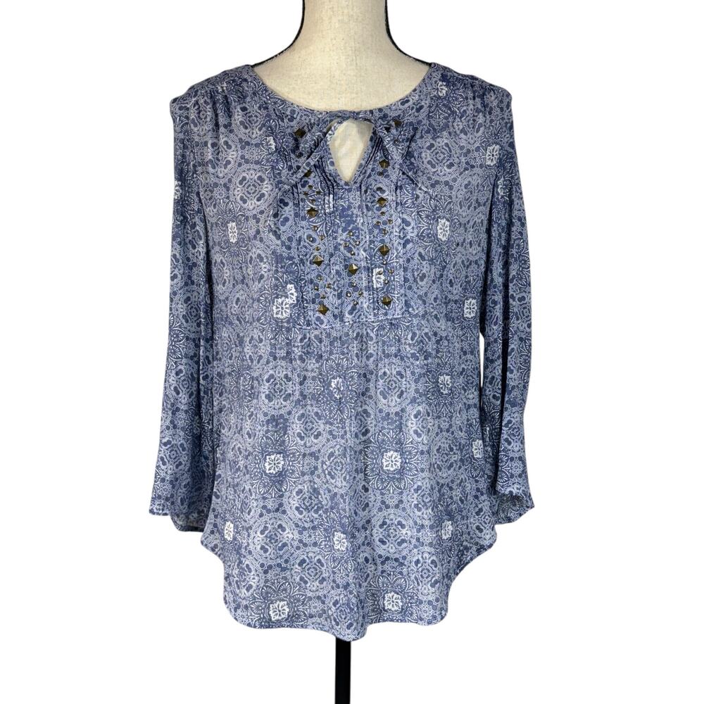 Liz Claiborne Large Top Geometric 3/4 Roll-Tab Sleeves Lightweight Tie Keyhole